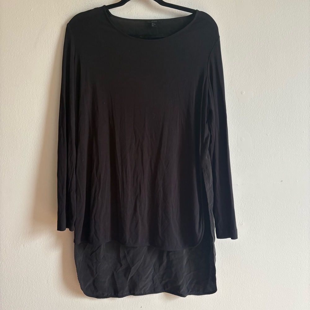 COS Sz M Black High Low Silk Back Long Sleeves Relaxed Blouse